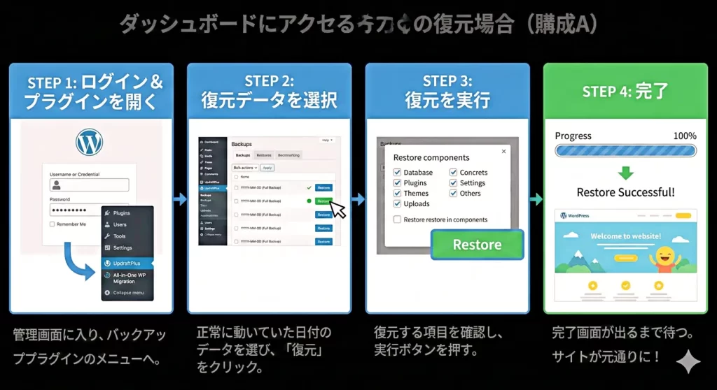 WordPressが壊れた時のリストアの方法。管理画面に入れる場合。
